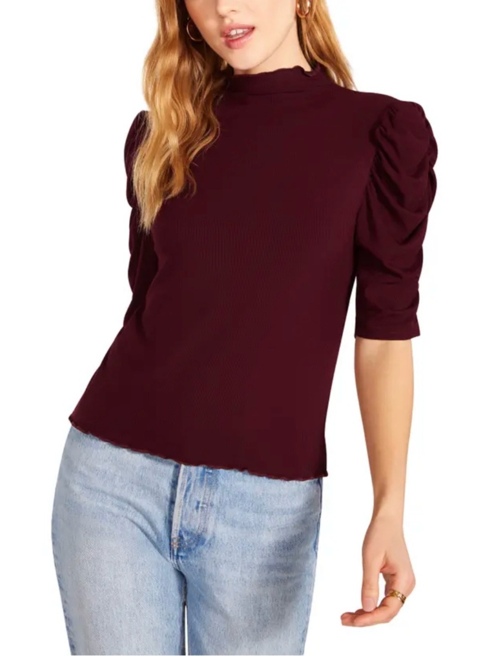 BB Dakota Burgundy Mock Neck Puff-Sleeve Top NWT - Size M